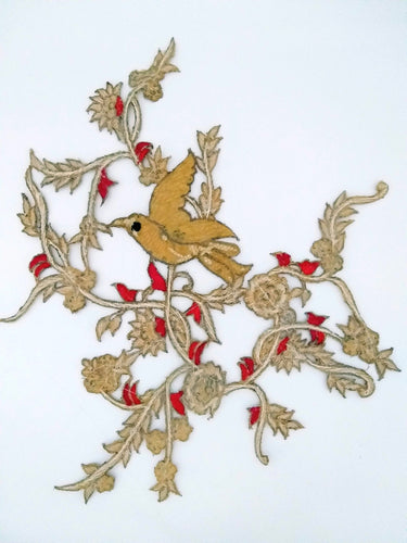 Large Hand Embroidered Sparkly Bird Applique With Red, Silver and Gold Embroidery With Zardozi Work, Bird and Floral Applique